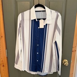 Elegant Women's Striped Blouse in Blue and Gray